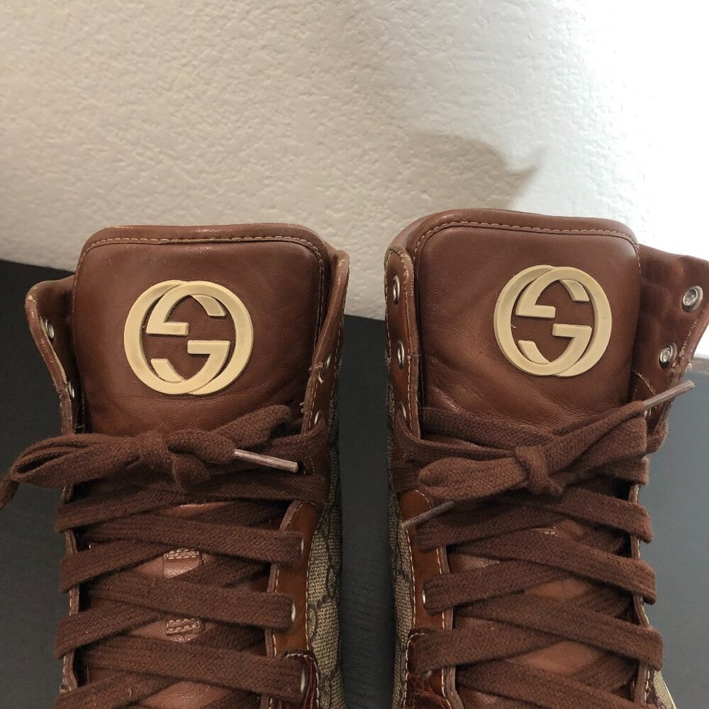 SOLD Gucci 224778 GG Imprime High Top Authentic Brown Crocodile Trim Men’s 8.5 - Picture 5 of 13